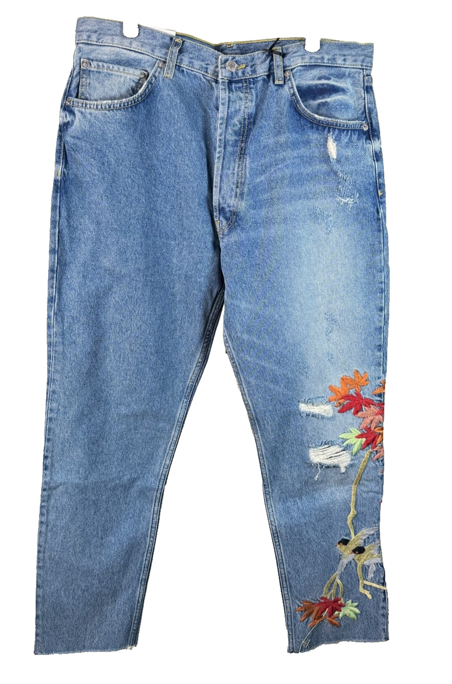 Zara The Real High Rise Relaxed Distressed Embroidered Straight Leg Jeans, Sz 10